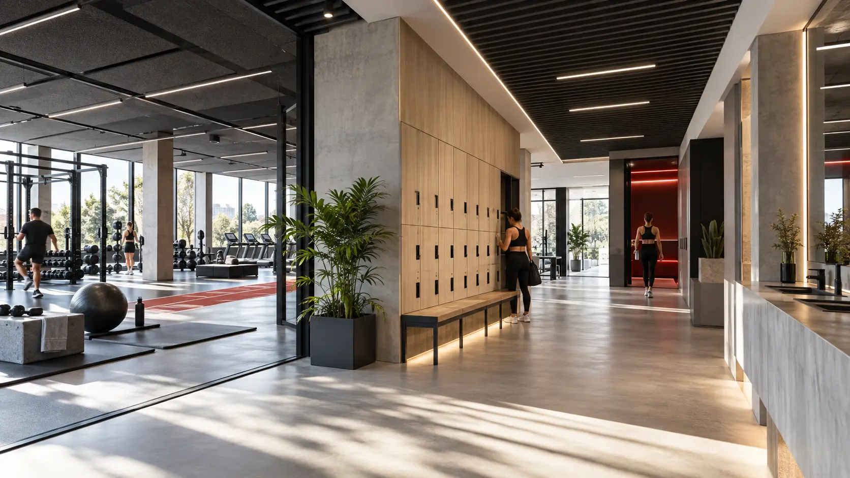 Espacio deportivo profesional con mobiliario e iluminación integrados