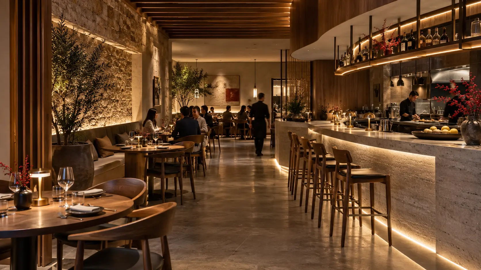 Restaurante contemporáneo con barra y mobiliario a medida